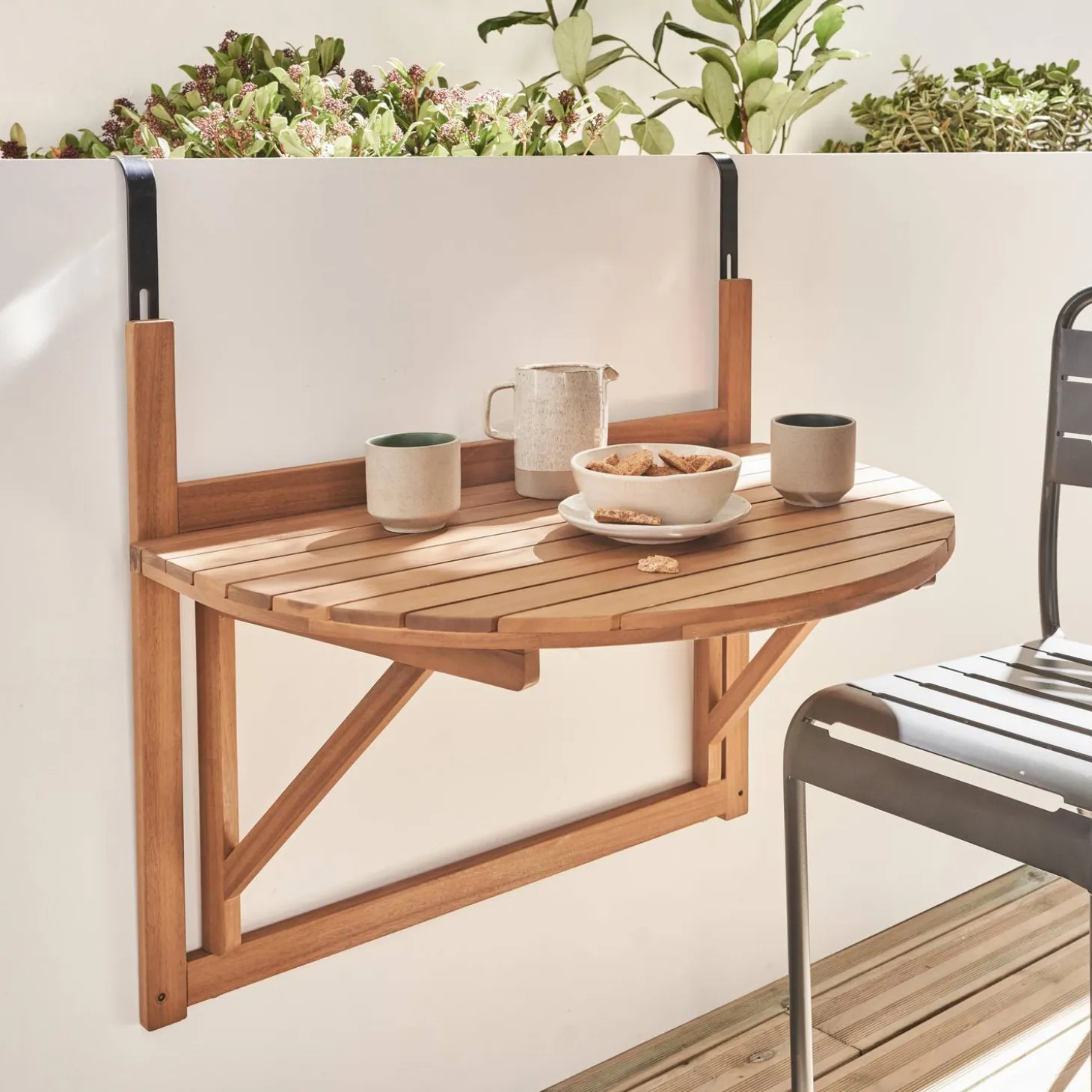 Mesa de apoio redonda dobrável em madeira de acácia