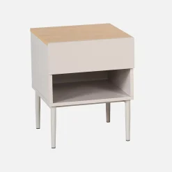 Mesa de cabeceira em metal com acabamento em madeira