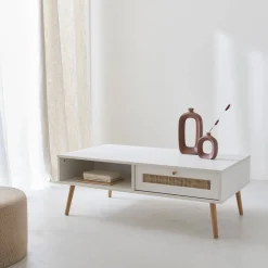 Mesa de centro escandinava em vime de 1 gaveta