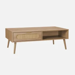 Mesa de centro escandinava em cana arredondada, 1 gaveta