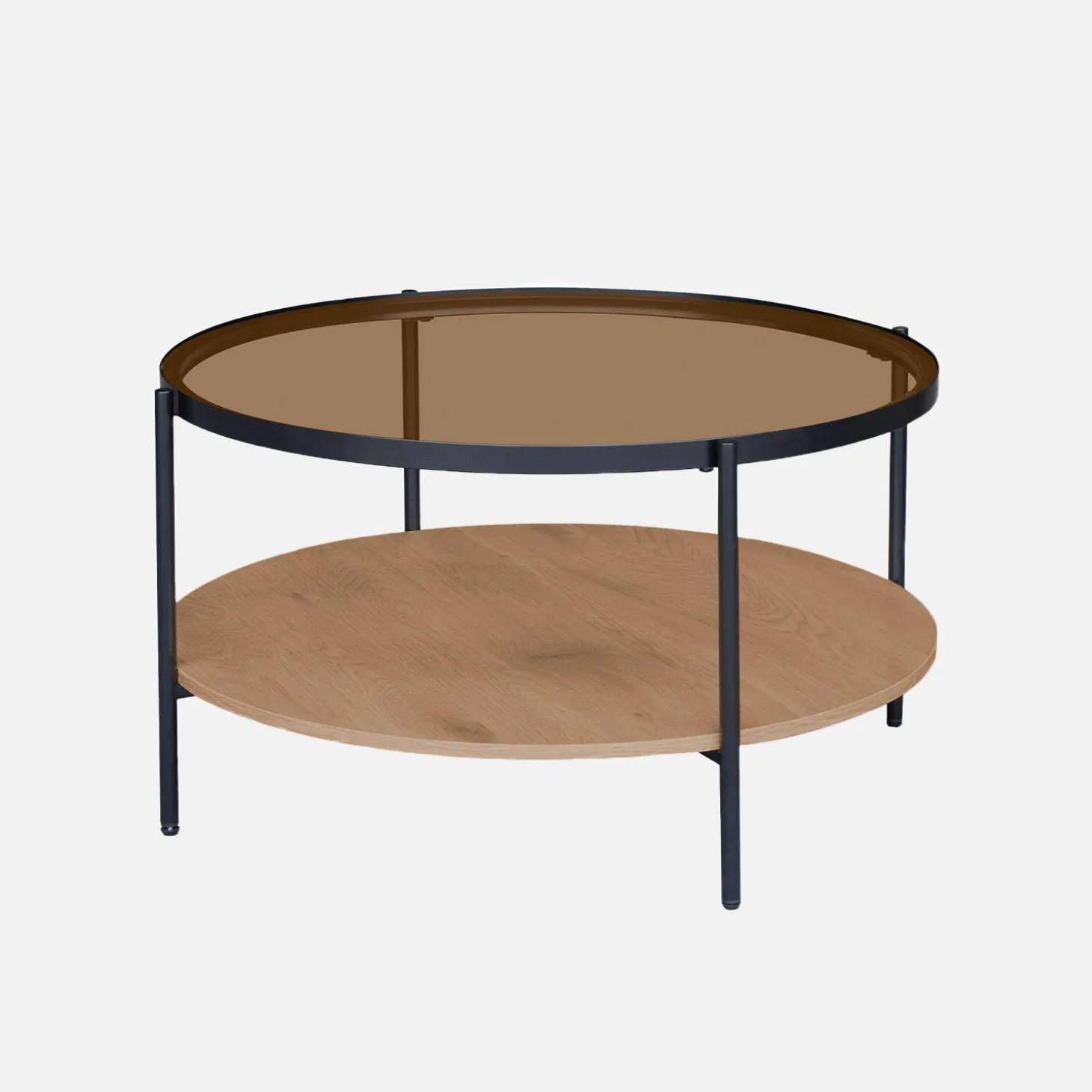 Mesa de centro redonda com dois tampos de vidro, decoração em madeira e metal