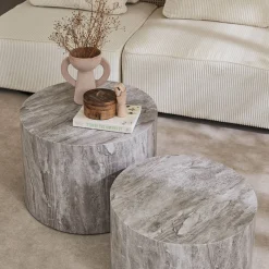 Mesa de centro redonda com efeito mármore, set de 2