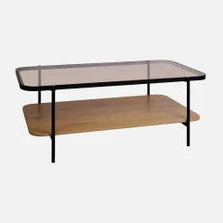 Mesa de centro vintage de metal preto com tampo de vidro