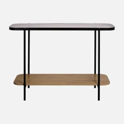 Mesa de console vintage em metal preto com tampos de vidro, 110cm