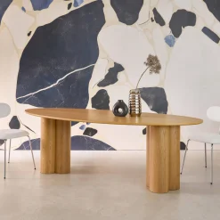 Mesa de jantar oval de madeira e folheado de carvalho para 8 lugares