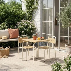Mesa de jardim infantil em aço e decoração em madeira con 2 assentos