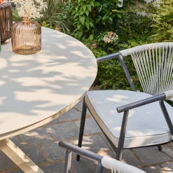 Mesa de jardim redonda em alumínio e vidro, 6 lugares