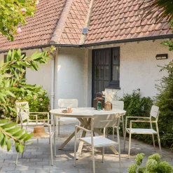 Mesa de jardim redonda em alumínio e vidro com 6 cadeiras