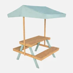 Mesa de piquenique, conjunto de jardim infantil em madeira de acácia com guarda-sol, 2 lugares