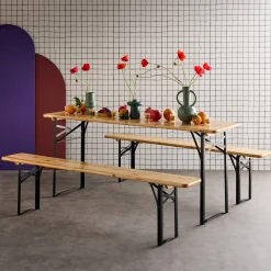 Mesa dobrável para eventos em madeira de abeto com 2 bancos, set de 2