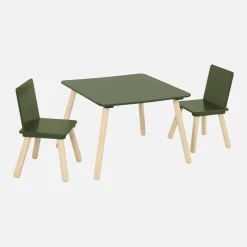 Mesa infantil quadrada em madeira de pinho com 2 cadeiras