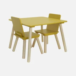 Mesa infantil quadrada em madeira de pinho com 2 cadeiras