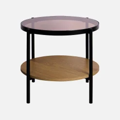 Mesa lateral redonda em vidro temperado, efeito de madeira