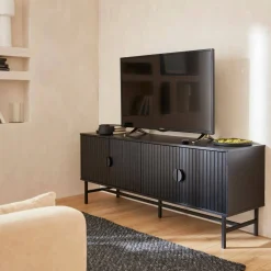 Móvel de TV com efeito de madeira ranhurada, 160cm