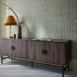 Móvel de TV com efeito de madeira ranhurada, 160cm