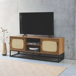 Móvel de TV com efeito madeira e cana arredondada, 140cm