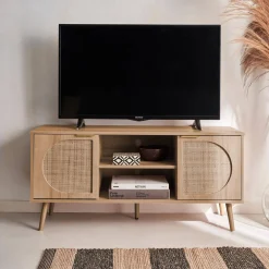 Móvel de TV com efeito madeira e cana arredondada, 120cm