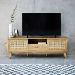 Móvel de TV com efeito madeira e cana, 150cm