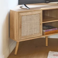 Móvel de TV, efeito de madeira e cana de 2 portas, 115cm