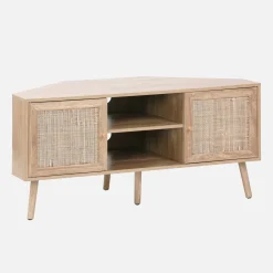 Móvel de TV, efeito de madeira e cana de 2 portas, 115cm