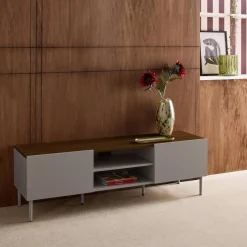 Móvel de TV em metal e decoração em madeira com 2 portas, 140cm