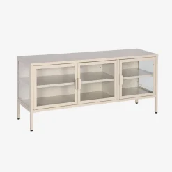 Móvel de TV industrial em metal e vidro com 3 portas, 120cm