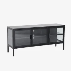Móvel de TV industrial em metal e vidro com 3 portas, 120cm