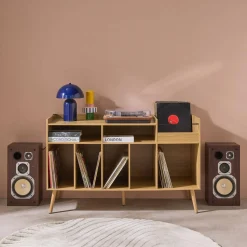 Móvel para vinil vintage com espaço para vinis e gira-discos, 130cm