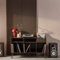 Móvel para vinil XL vintage efeito madeira escura, 130cm