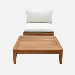 Poltrona de jardim com mesa de centro em madeira de acácia e bouclé