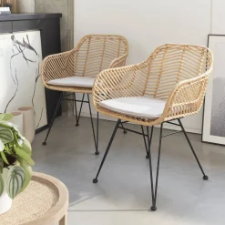 Poltrona em rotim natural e metal, set de 2