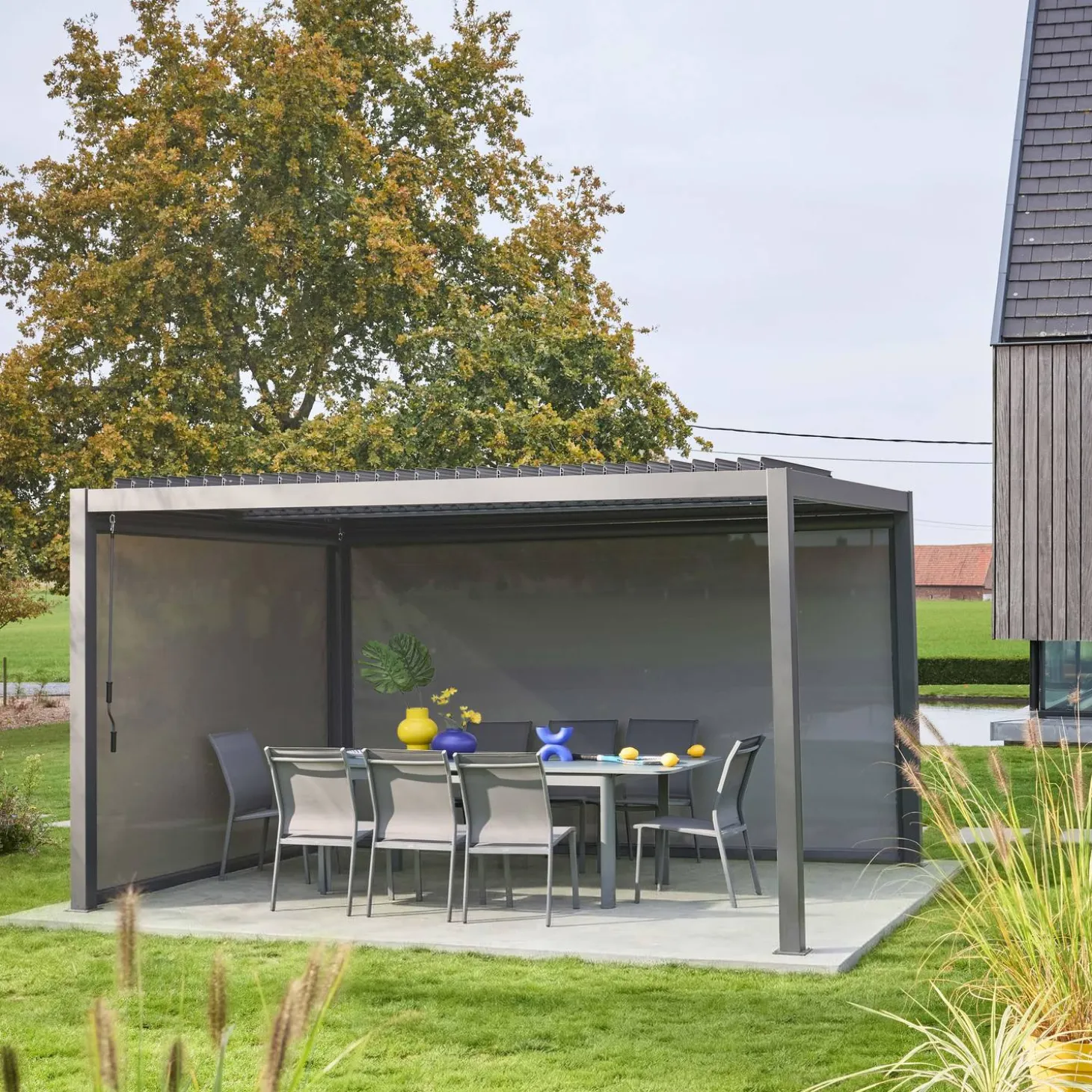 Pérgola bioclimática, alumínio e aço, 3x4m com estore 3m + estore 4m