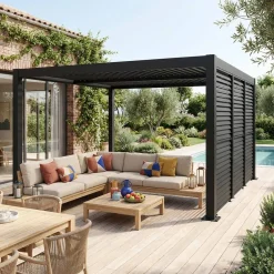Pérgola bioclimática de alumínio e aço 3x4m + 3 persianas de 1m com lâminas orientáveis