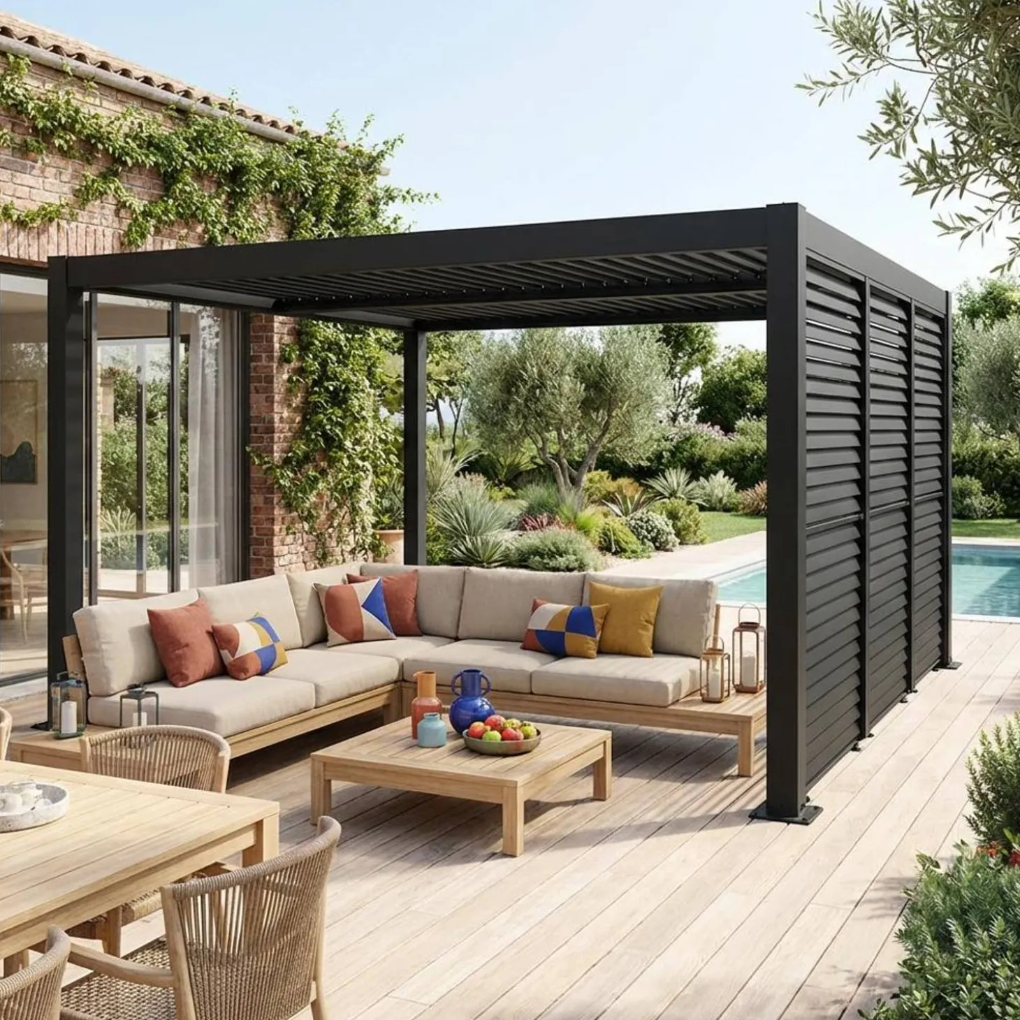 Pérgola bioclimática de alumínio e aço 3x4m + 3 persianas de 1m com lâminas orientáveis