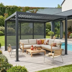 Pérgola bioclimática de alumínio e aço 3x4m + 3 persianas 1.3m