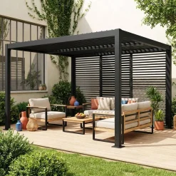 Pérgola bioclimática de alumínio e aço 3x4m + 3 persianas de 130cm com lâminas orientáveis