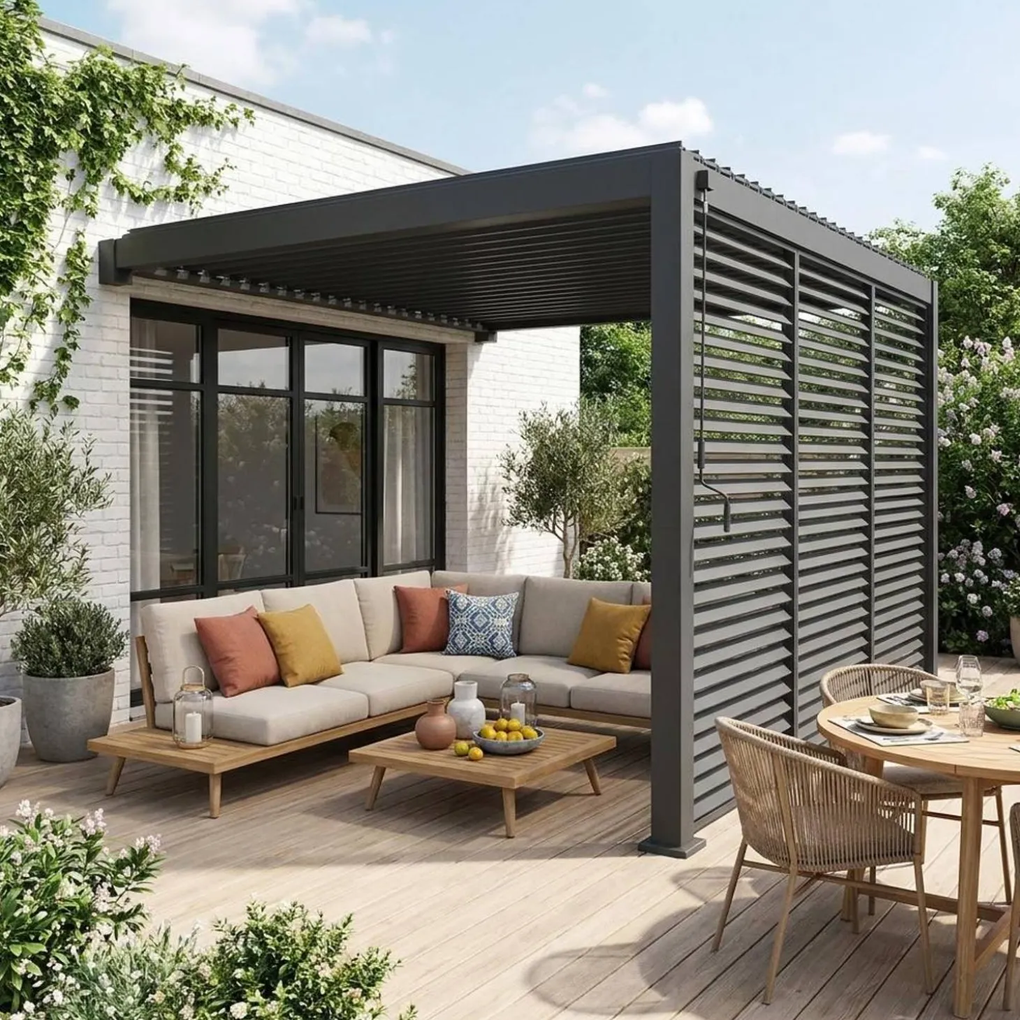 Pérgola bioclimática de alumínio encostada 3x4m + 3 persianas 1.3m