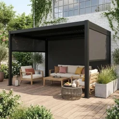 Pérgola bioclimática em alumínio e aço 3x4m com 2 estores 3m + 1 estore 4m