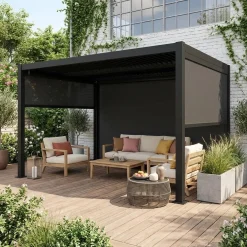 Pérgola bioclimática em alumínio e aço 3x4m com 2 estores 3m + 1 estore 4m
