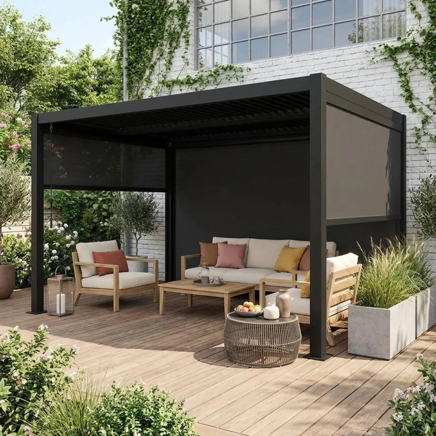 Pérgola bioclimática em alumínio e aço 3x4m com 2 estores 3m + 1 estore 4m