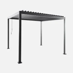 Pérgola bioclimática em alumínio e aço 3x3m com lâminas ajustáveis e pés arredondados