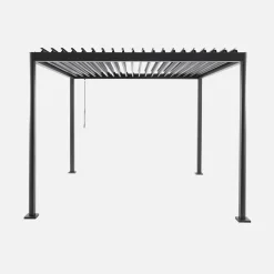 Pérgola bioclimática em alumínio e aço 3x3m com lâminas ajustáveis e pés arredondados