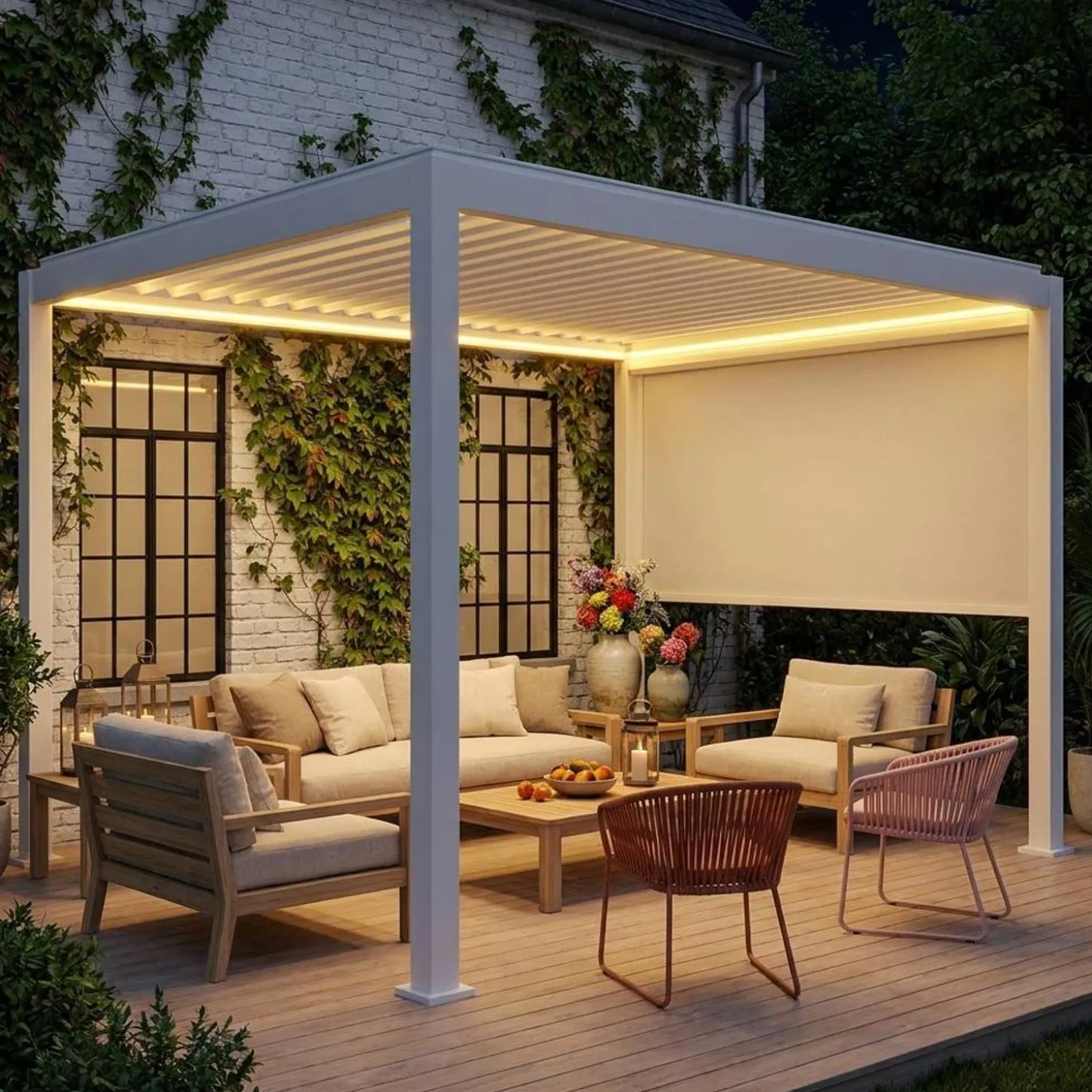Pérgola bioclimática em alumínio 3x4m com iluminação LED + estore 3m