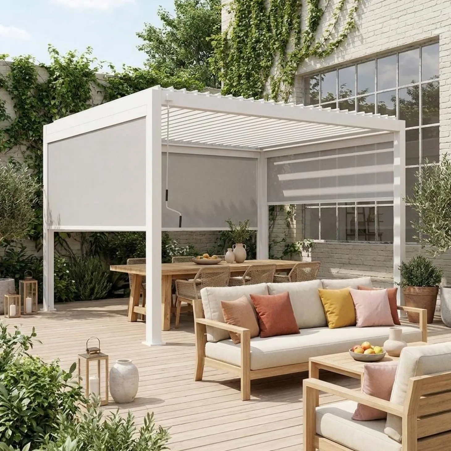 Pérgola bioclimática em alumínio 3x4m com 2 estores de 3m + 1 estore de 4m