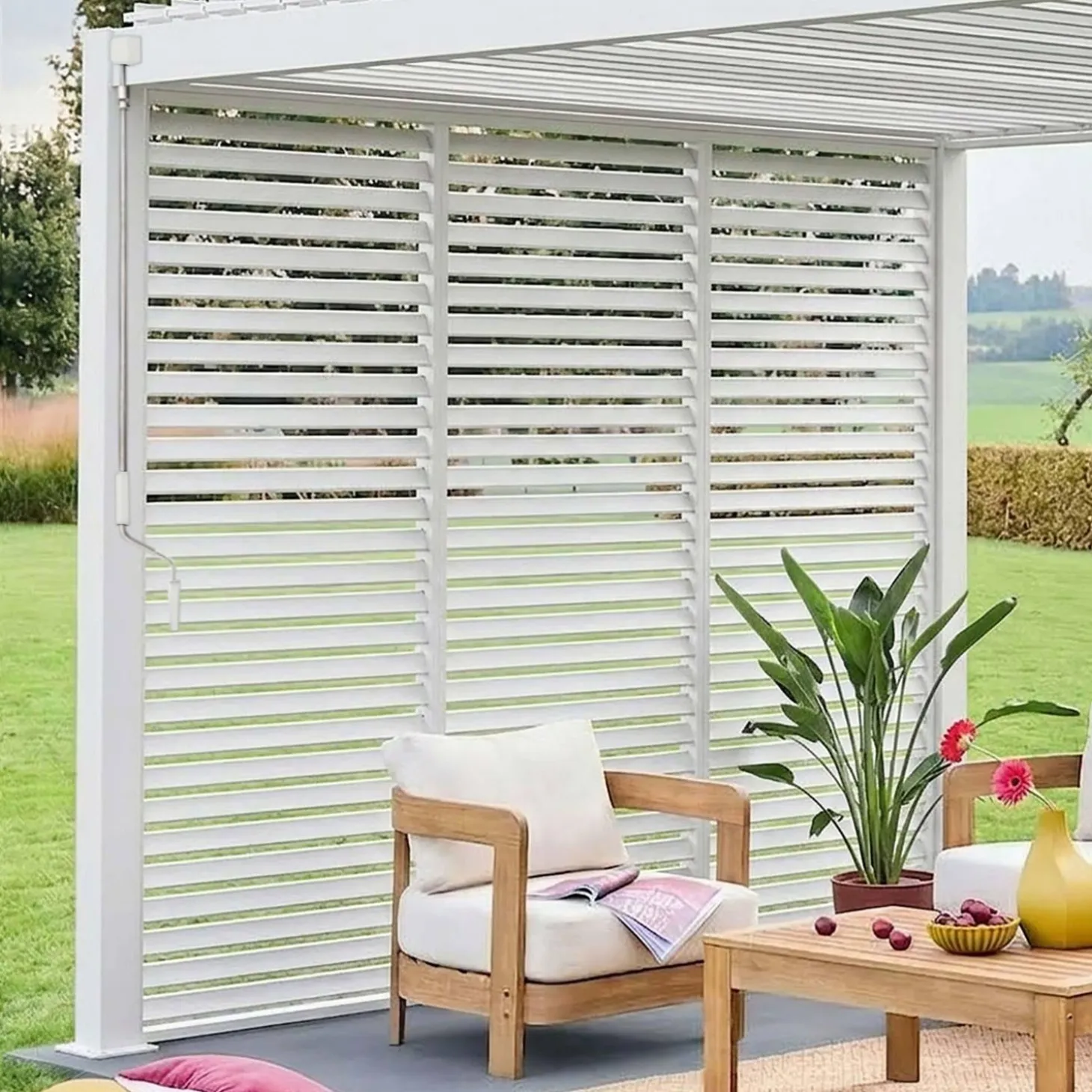 Pérgola bioclimática em alumínio 3x4m + 3 persianas de 100cm