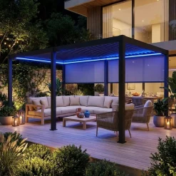Pérgola bioclimática LED em alumínio 3x6m + 2 estores de 3m