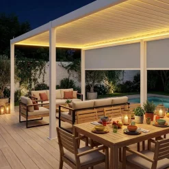 Pérgola bioclimática LED em alumínio 3x6m + 2 estores de 3m