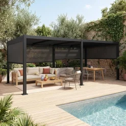 Pérgola bioclimática 3x6m alumínio e aço, lâminas ajustáveis + 4 estores 3m