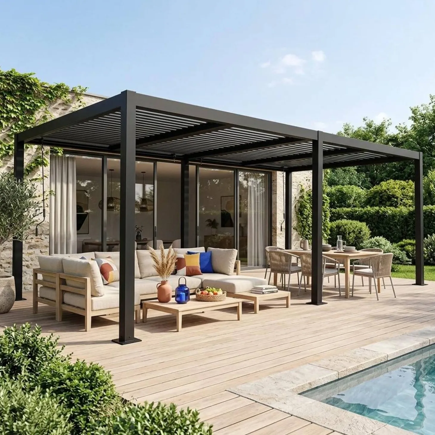 Pérgola bioclimática 3x6m em alumínio e aço com lâminas ajustáveis