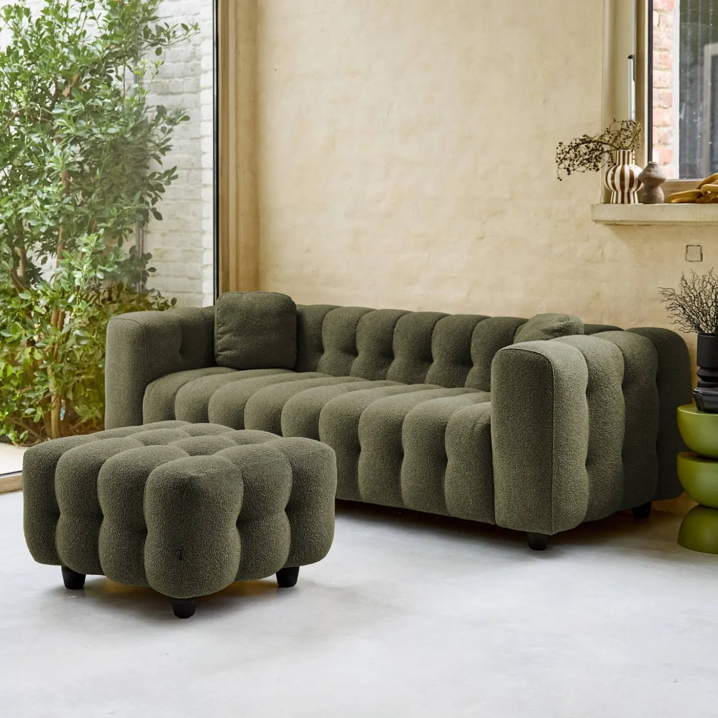 Pufe, descanso para os pés para sofá boucle texturada de 3 lugares